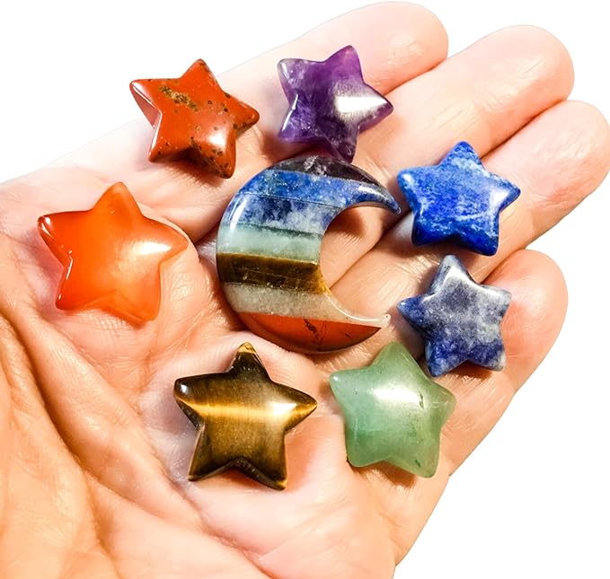 7 Chakra Balancing Moon and Stars High Energy Pocket Palm Healing Crystals Carvings with Premium Storage Bag & Info Card, Reiki Enhanced