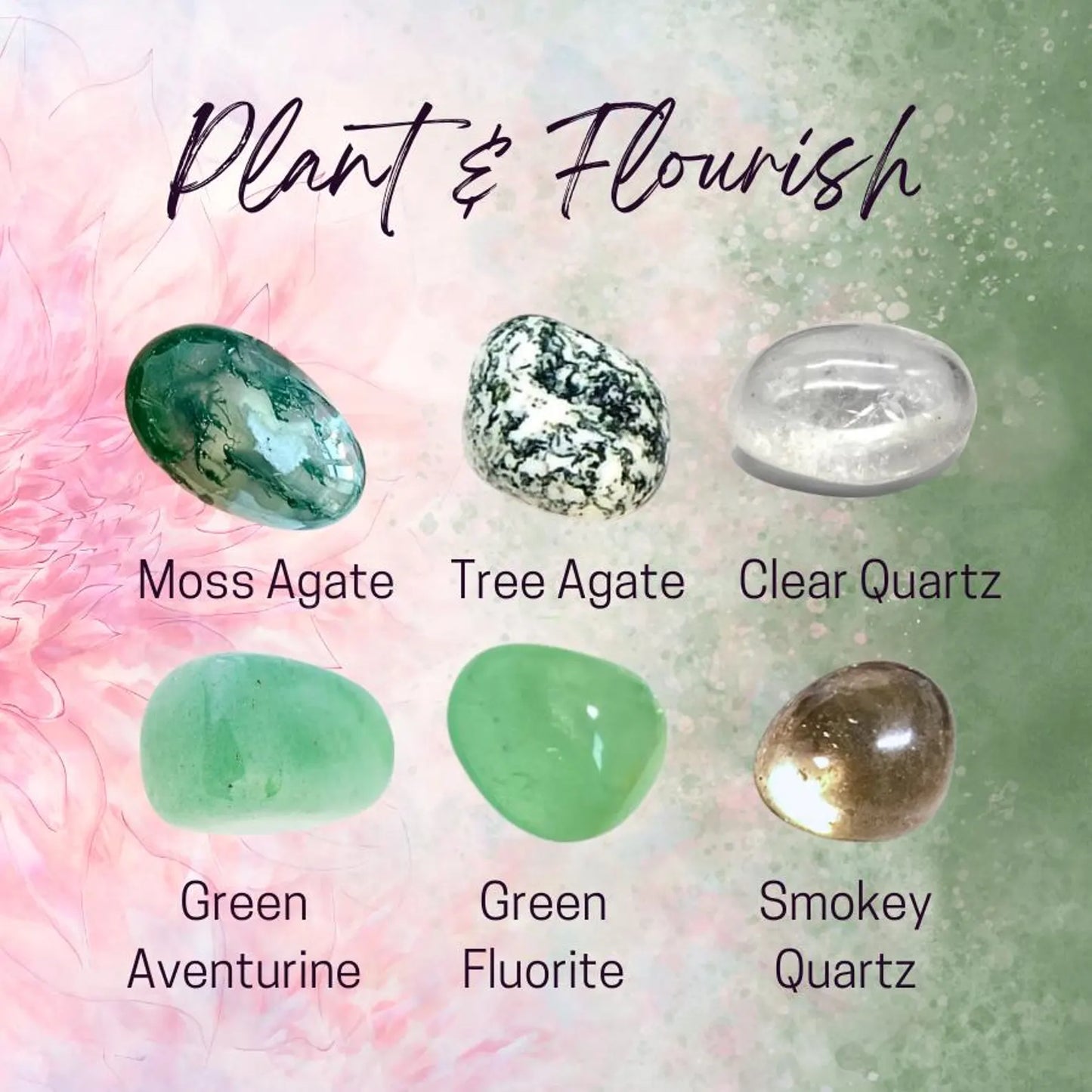 Manifest PLANT HEALTH Intention Crystal Set - 2 Sizes - with Information and Mantra Card, Display Frame, and Storage Bag - Reiki Enhanced