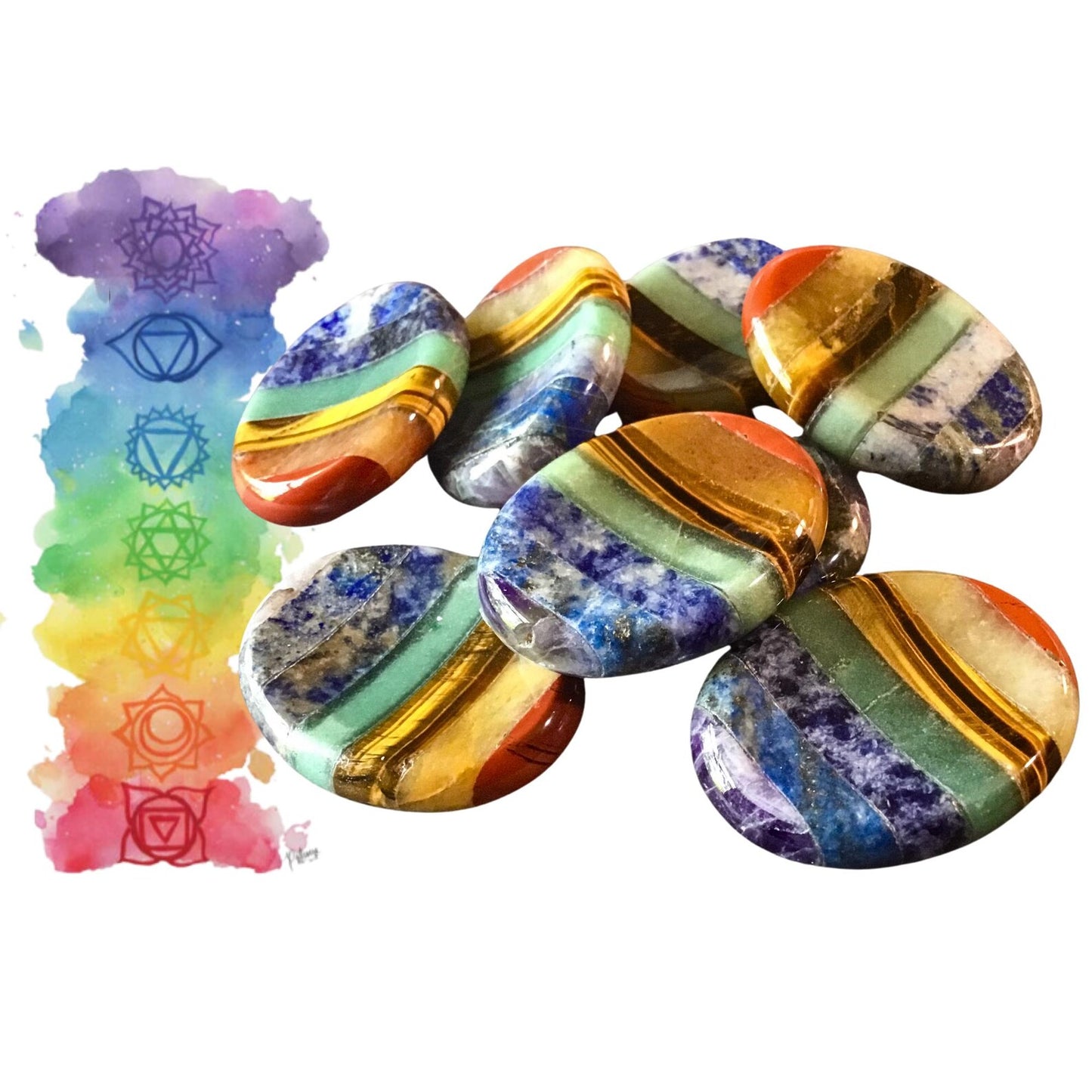 7 CHAKRA Worry Stone, Calming and Anxiety Relief Stone, Thumb Stone, Fidget and Meditation Crystal – Reiki Enhanced