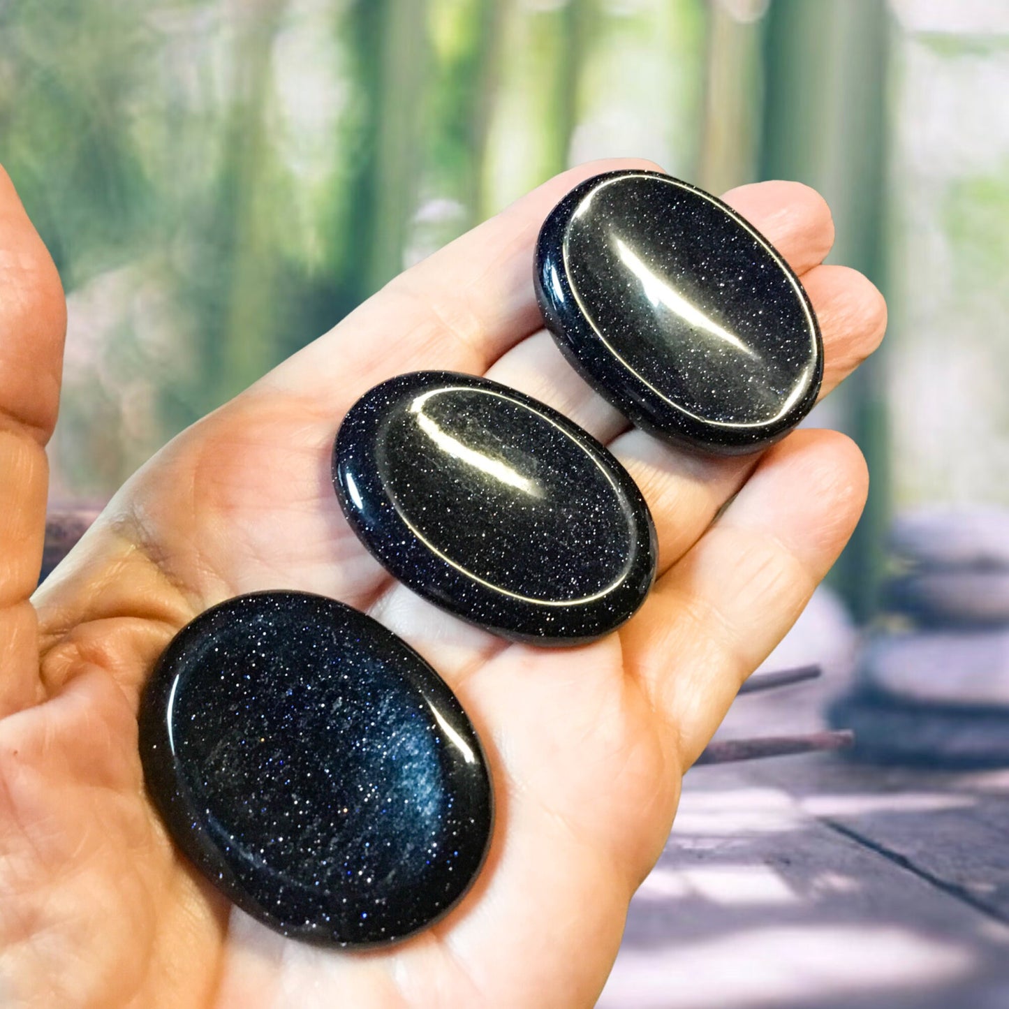 BLUE GOLDSTONE Worry Stone, Calming and Anxiety Relief Stone, Thumb Stone, Fidget and Meditation Crystal – Reiki Enhanced