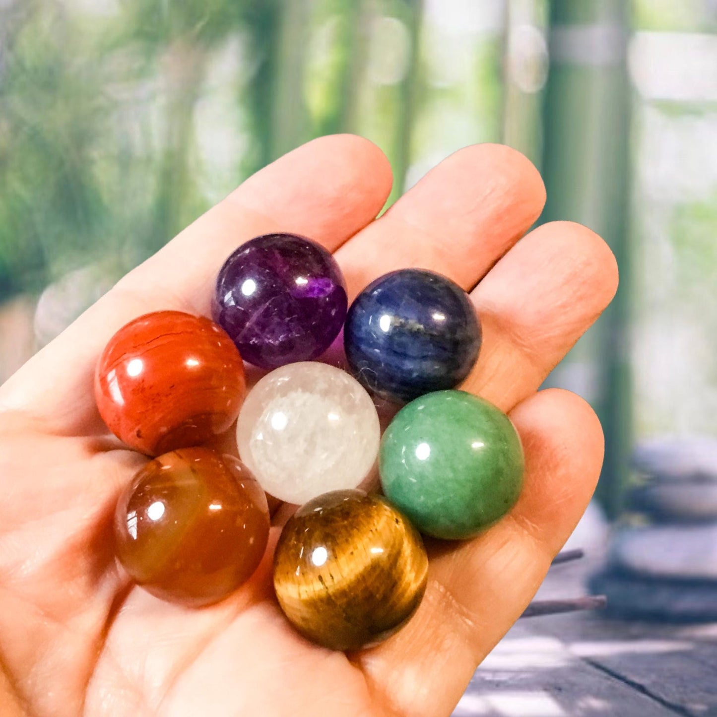 7 Chakra Gemstone Sphere Set - 20mm Crystals for Energy Healing & Alignment with Info Card and Organza Bag- Reiki Enhanced
