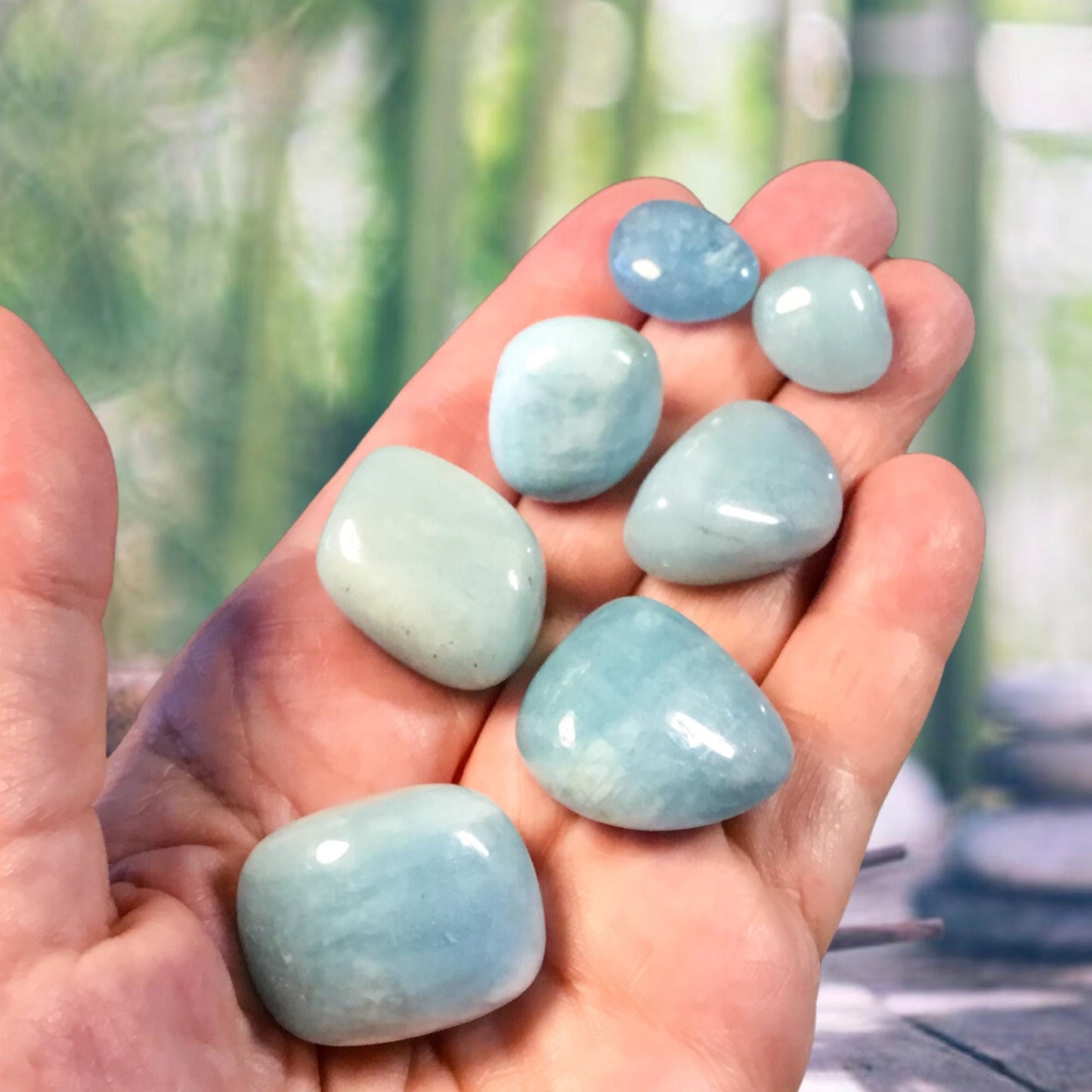 AQUAMARINE Tumbled Stone - Choice of Sizes and Quantity - Polished High Energy Healing Stones with Information Card - Reiki Enhanced