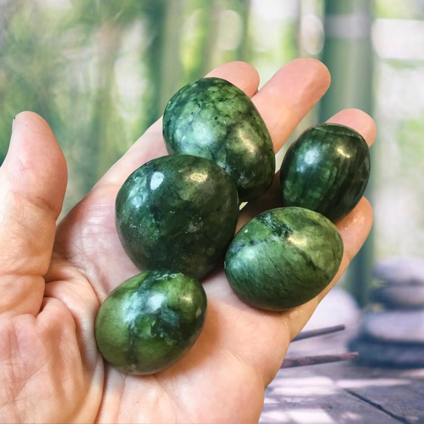 GREEN JADE Tumbled Stone - Choice of Sizes and Quantity - Polished High Energy Healing Stones with Information Card - Reiki Enhanced
