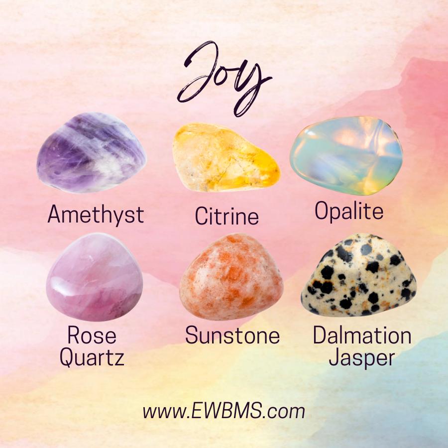 Manifest JOY Intention Crystal Set - 2 Sizes - with Information and Mantra Card plus Display Frame, Reiki Enhanced
