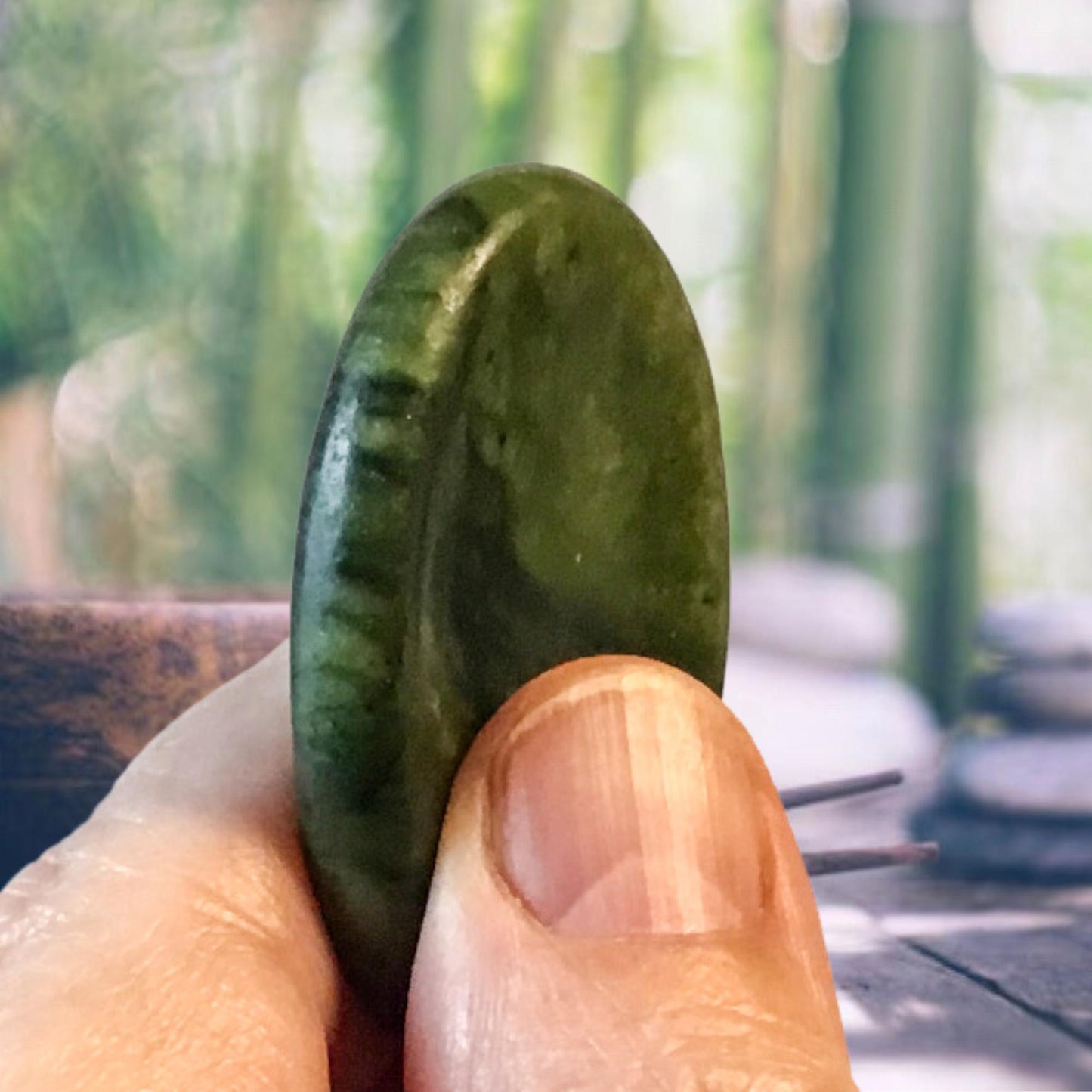 GREEN JADE Worry Stone, Calming and Anxiety Relief Stone, Thumb Stone, Fidget and Meditation Crystal – Reiki Enhanced