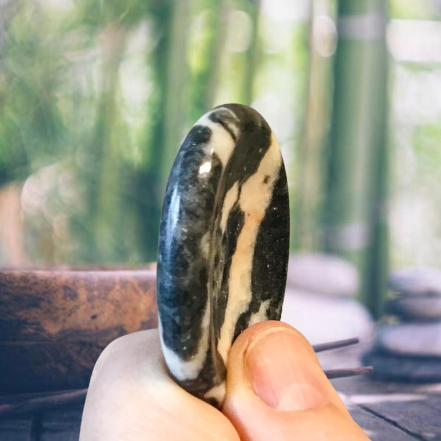 ZEBRA STONE Worry Stone, Calming and Anxiety Relief Stone, Thumb Stone, Fidget and Meditation Crystal – Reiki Enhanced