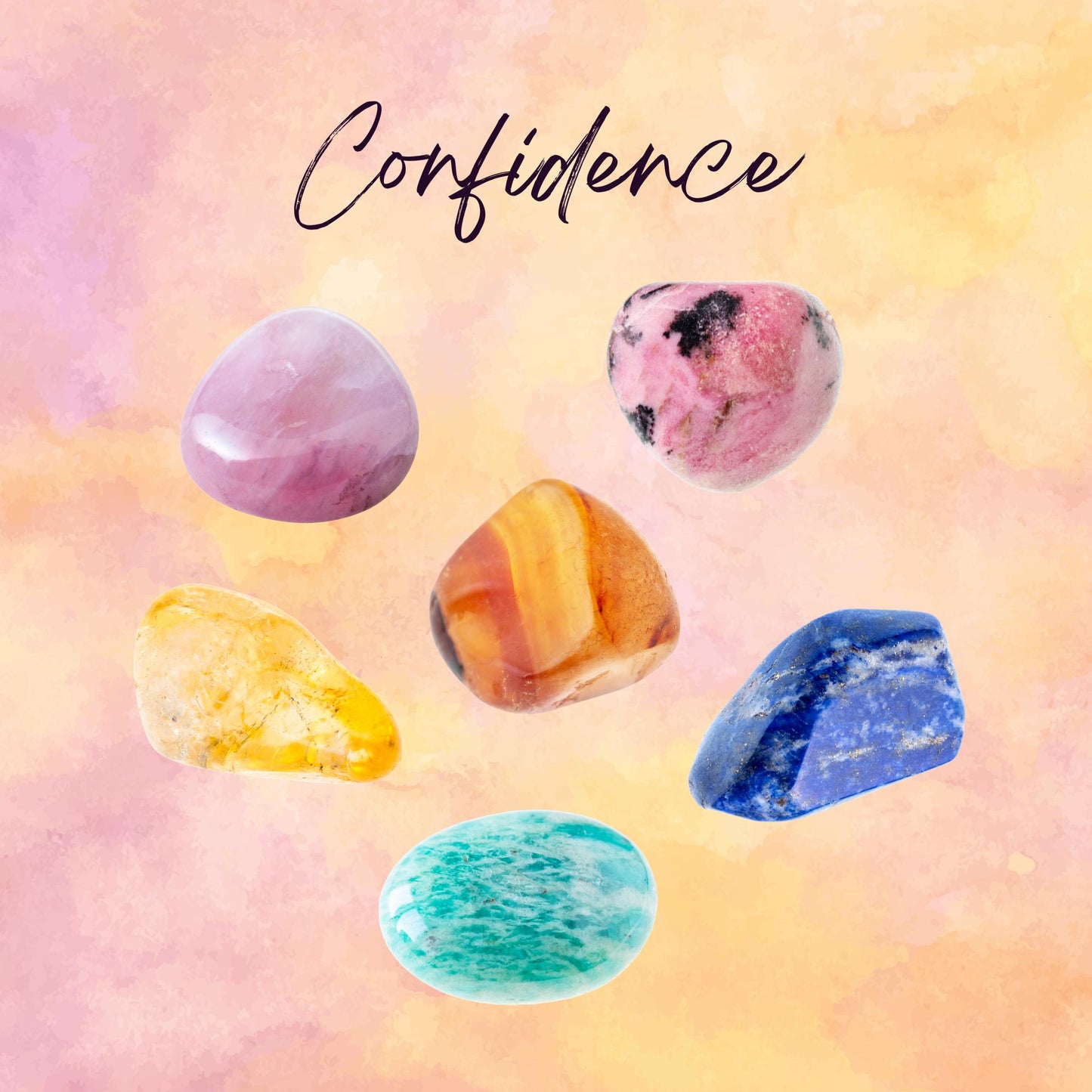 Manifest CONFIDENCE Intention Crystal Set - 2 Sizes - with Information and Mantra Card, Display Frame, and Storage Bag - Reiki Enhanced