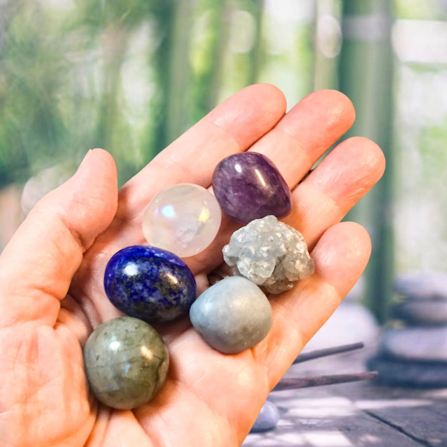 Manifest ANGEL COMMUNICATION Crystal Intention Set - 2 Sizes - with Info and Mantra Card, Display Frame, and Storage Bag - Reiki Enhanced