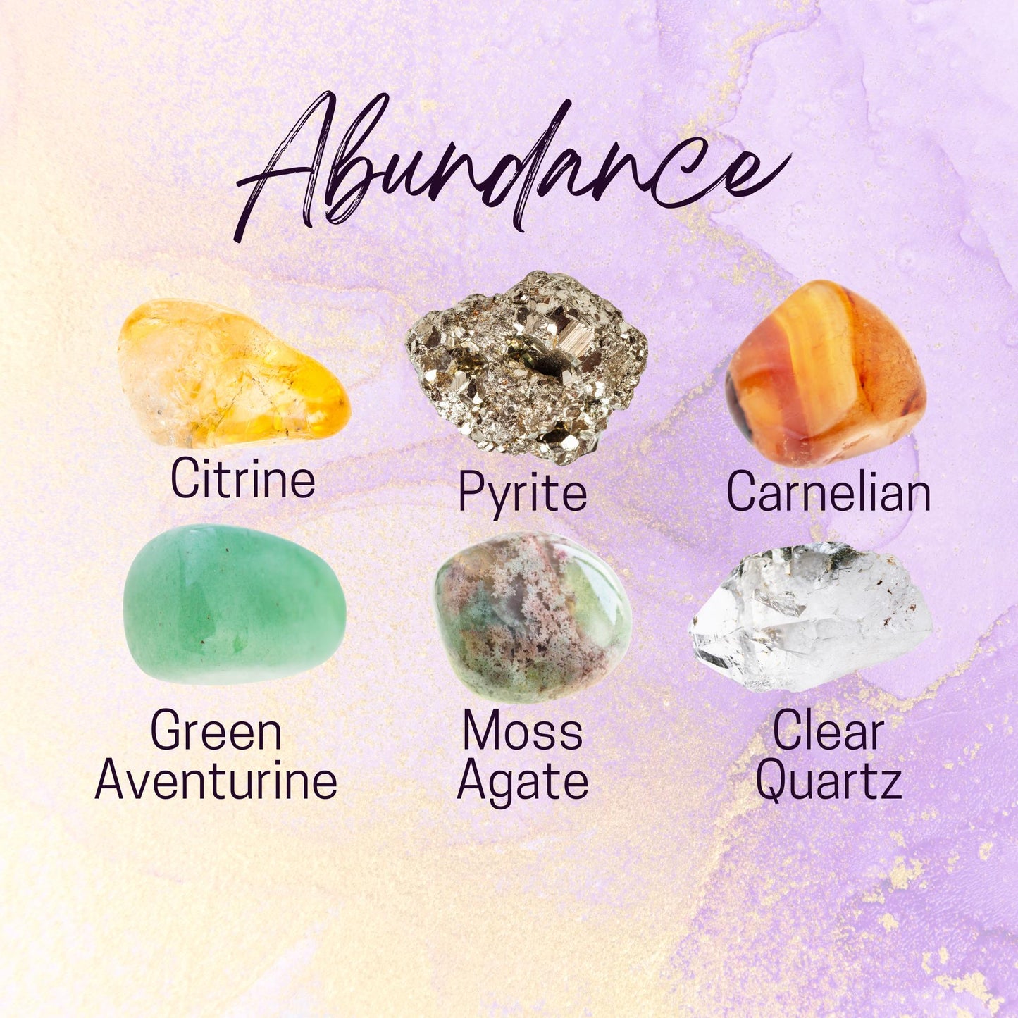 Manifest ABUNDANCE Crystal Intention Set - 2 Sizes - with Information and Mantra Card, Display Frame, and Storage Bag - Reiki Enhanced