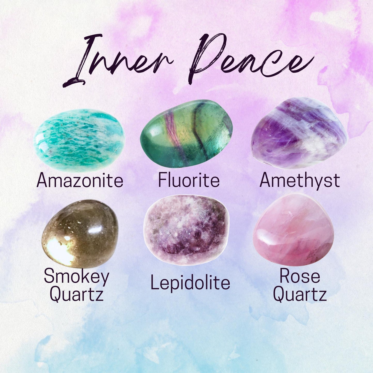 Manifest INNER PEACE Intention Crystal Set - 2 Sizes - with Information and Mantra Card plus Display Frame and Storage Bag - Reiki Enhanced