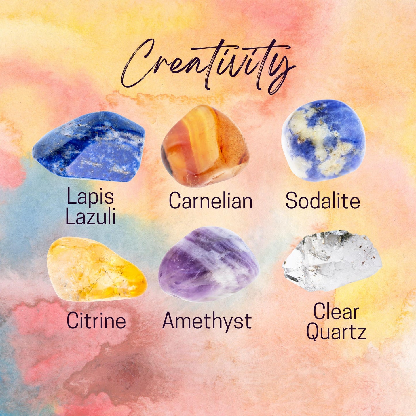 Manifest CREATIVITY Crystal Intention Set - 2 Sizes - with Information and Mantra Card, Display Frame, and Storage Bag - Reiki Enhanced