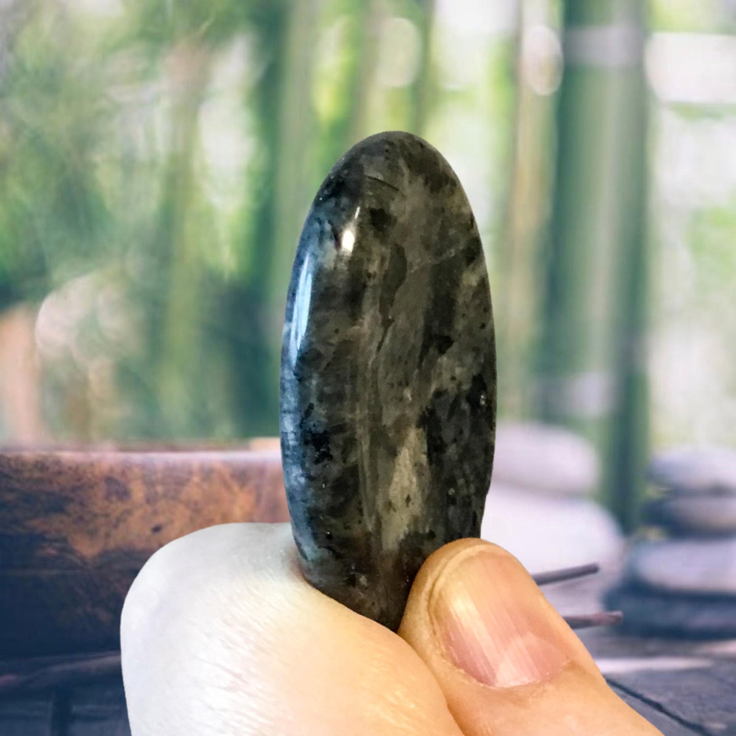 LARVIKITE Worry Stone, Calming and Anxiety Relief Stone, Thumb Stone, Fidget and Meditation Crystal – Reiki Enhanced