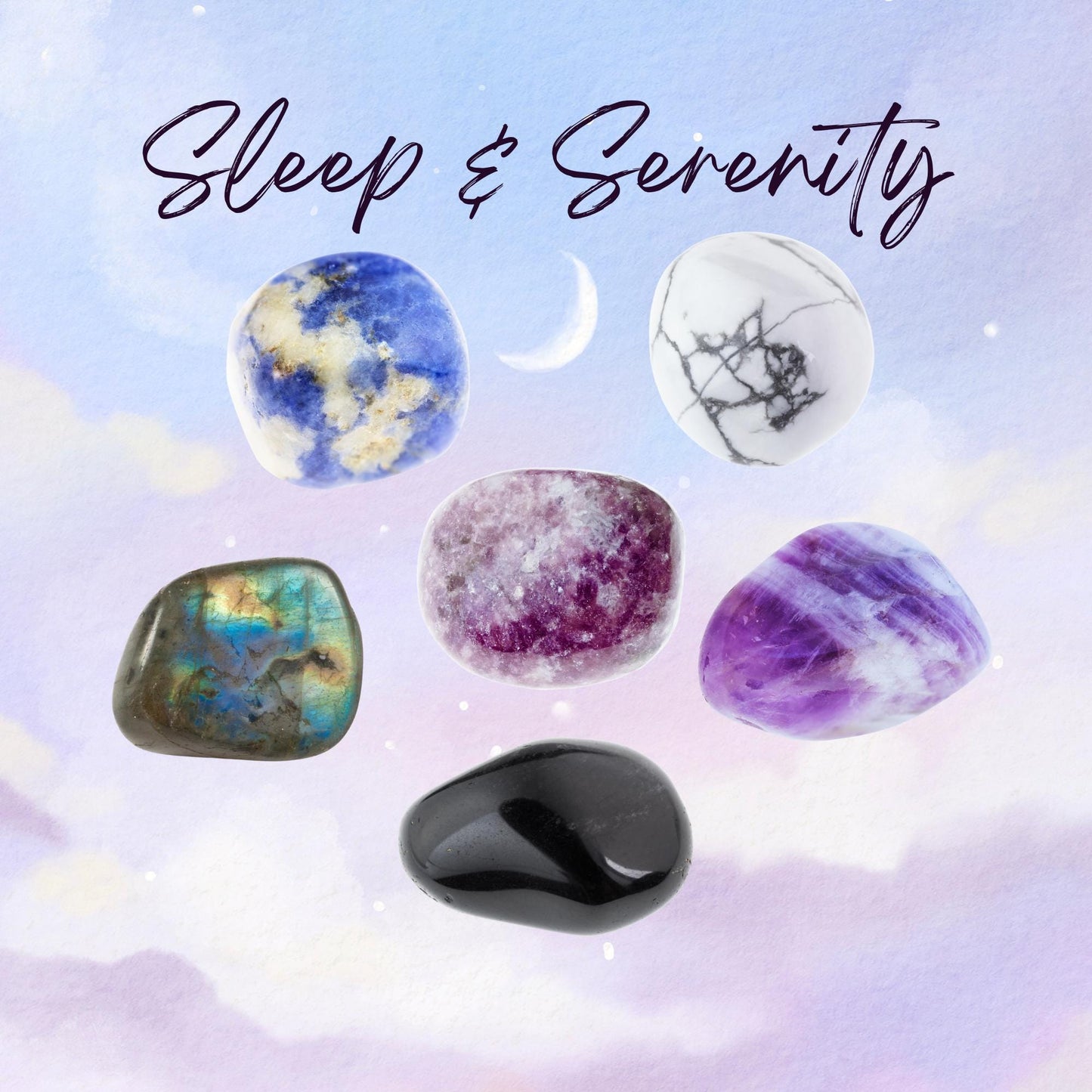 Manifest SLEEP & SERENITY Intention Crystal Set - 2 Sizes - with Info and Mantra Card, Display Frame, and Storage Bag - Reiki Enhanced
