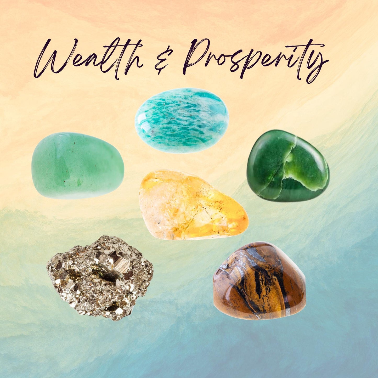 Manifest WEALTH & PROSPERITY Crystal Intention Set - 2 Sizes - with Info and Mantra Card, Display Frame, and Storage Bag - Reiki Enhanced