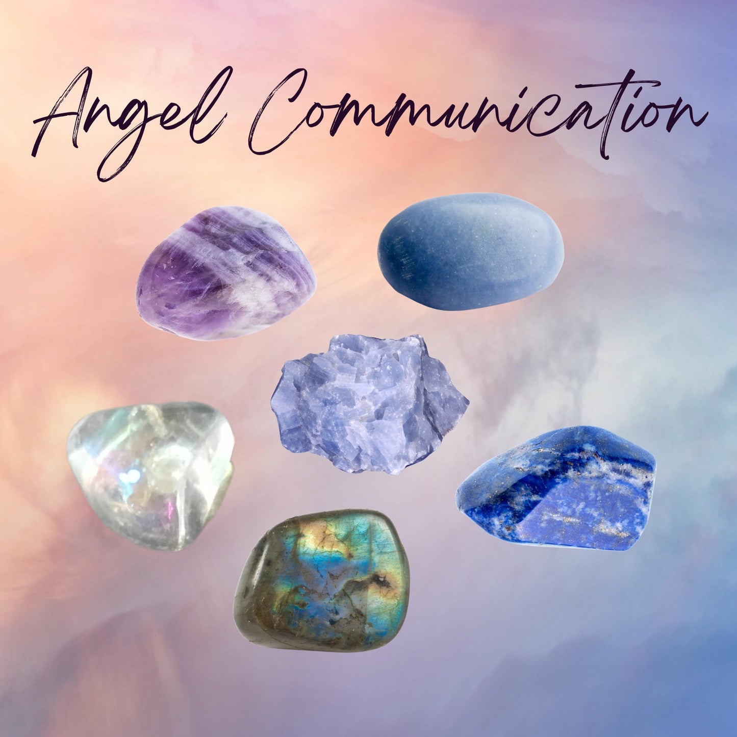Manifest ANGEL COMMUNICATION Crystal Intention Set - 2 Sizes - with Info and Mantra Card, Display Frame, and Storage Bag - Reiki Enhanced