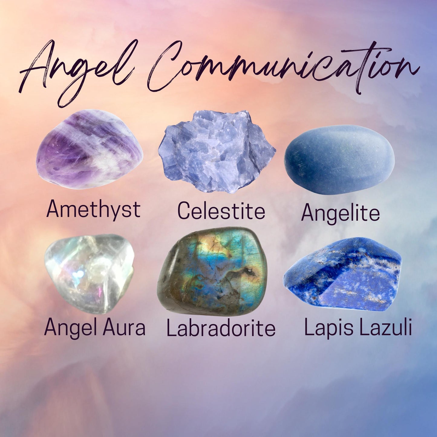 Manifest ANGEL COMMUNICATION Crystal Intention Set - 2 Sizes - with Info and Mantra Card, Display Frame, and Storage Bag - Reiki Enhanced
