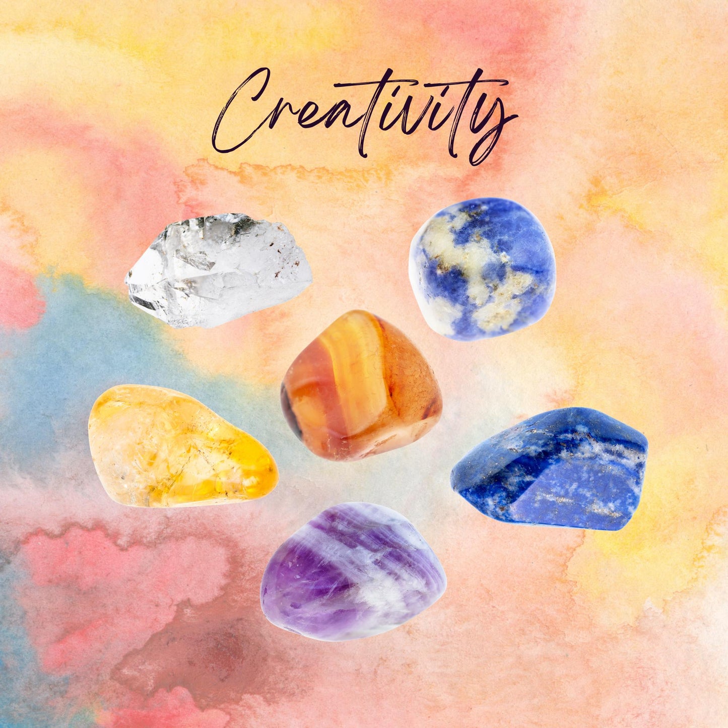 Manifest CREATIVITY Crystal Intention Set - 2 Sizes - with Information and Mantra Card, Display Frame, and Storage Bag - Reiki Enhanced