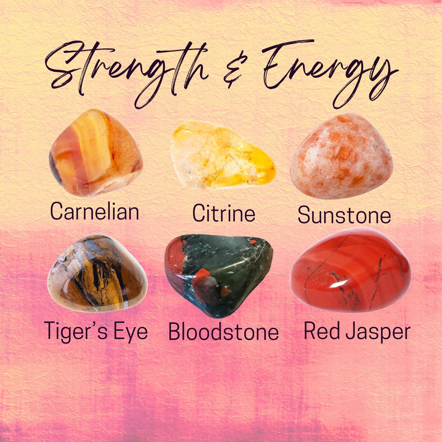 Manifest STRENGTH & ENERGY Intention Crystal Set - 2 Sizes - with Information/Mantra Card, Display Frame, and Storage Bag - Reiki Enhanced