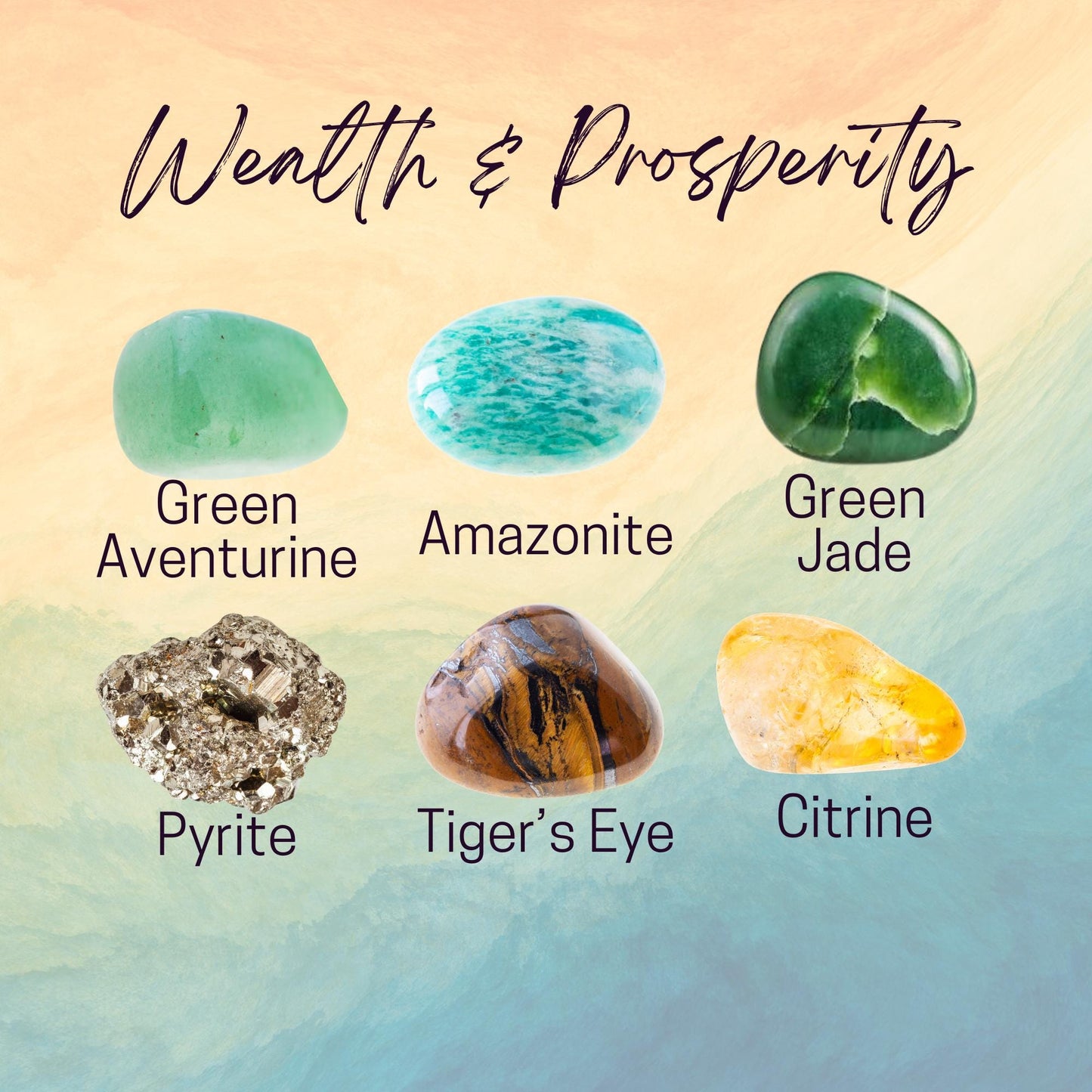 Manifest WEALTH & PROSPERITY Crystal Intention Set - 2 Sizes - with Info and Mantra Card, Display Frame, and Storage Bag - Reiki Enhanced