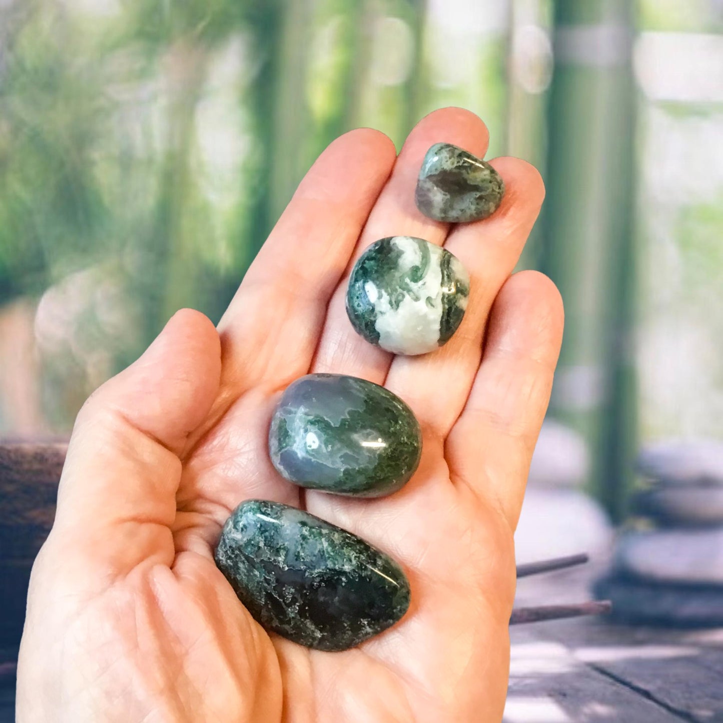 MOSS AGATE Tumbled Stone - Choice of Sizes and Quantity - Polished High Energy Healing Stones with Information Card - Reiki Enhanced