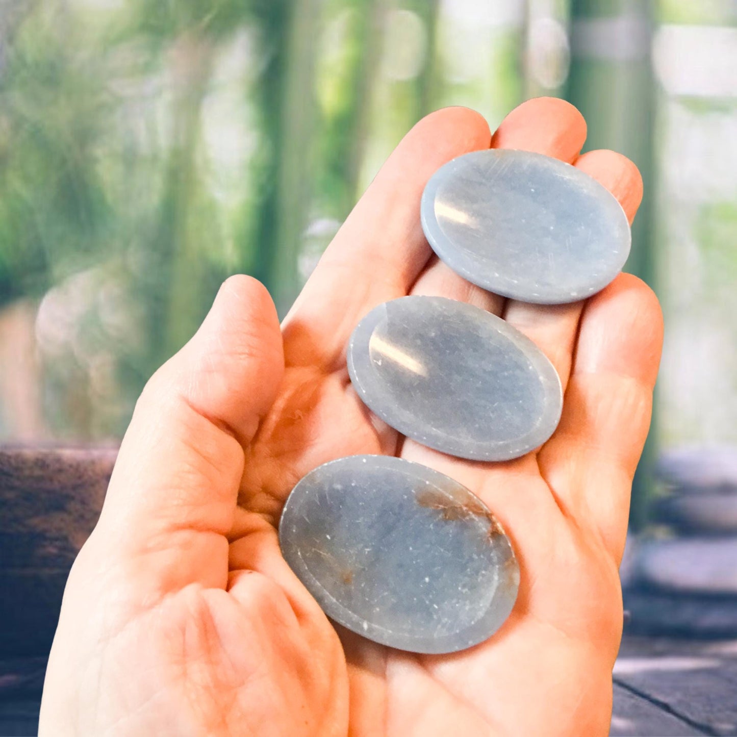 ANGELITE Worry Stone, Calming and Anxiety Relief Stone, Thumb Stone, Fidget and Meditation Crystal – Reiki Enhanced