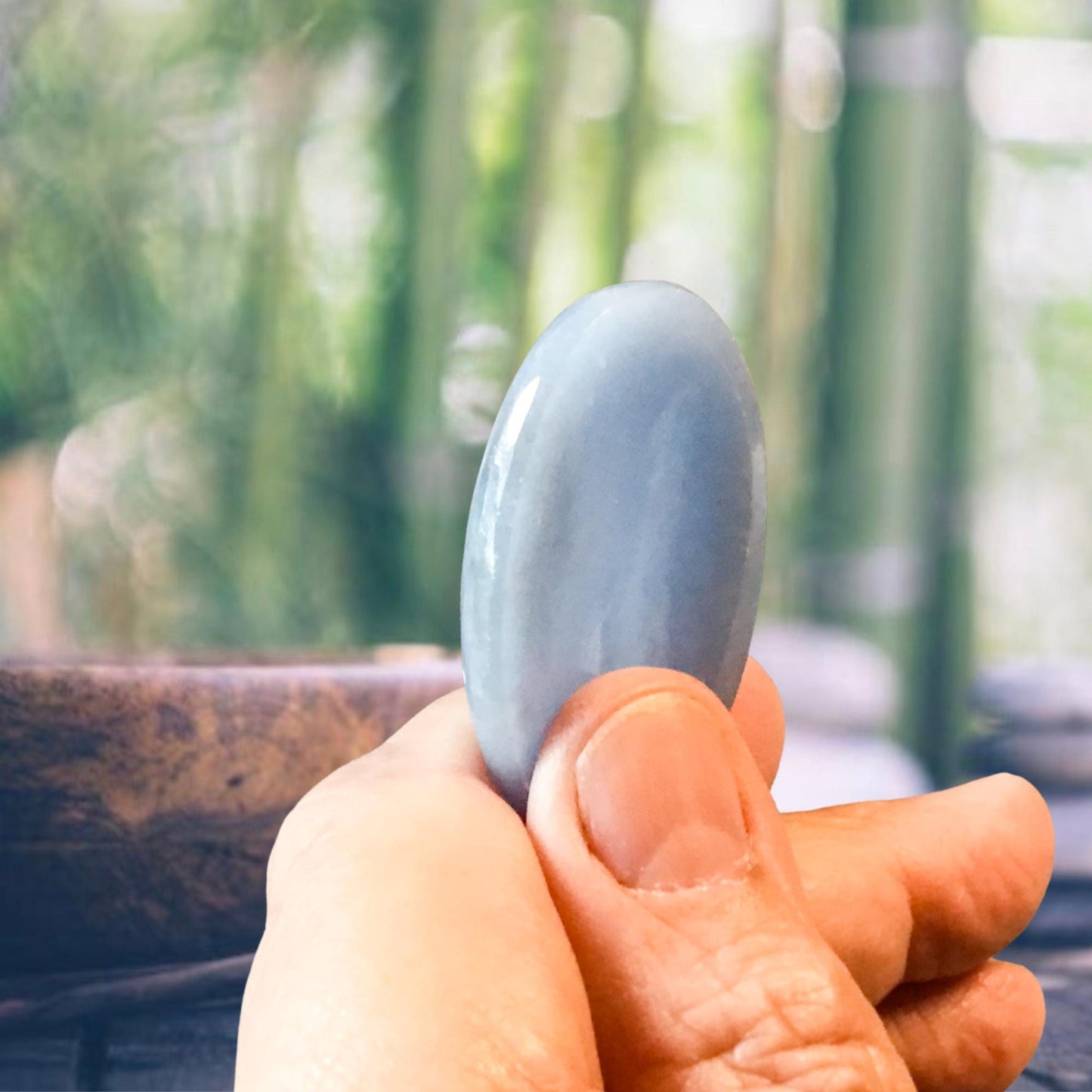 ANGELITE Worry Stone, Calming and Anxiety Relief Stone, Thumb Stone, Fidget and Meditation Crystal – Reiki Enhanced