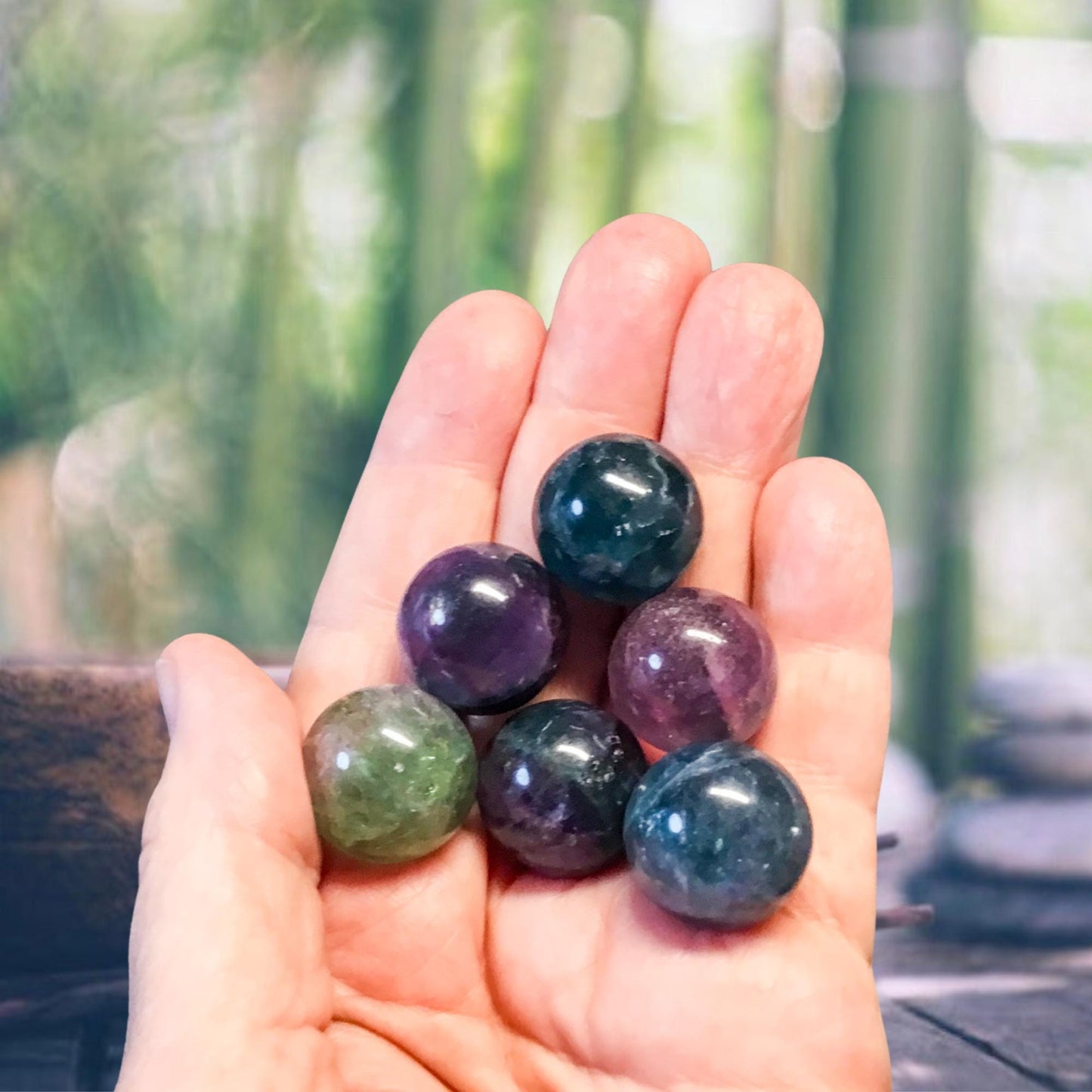 RAINBOW FLUORITE 20mm Spheres - 1 or Sets – Pocket Crystal Ball with Gemstone Info Card for Energy Work, Meditation, Decor & Gifts