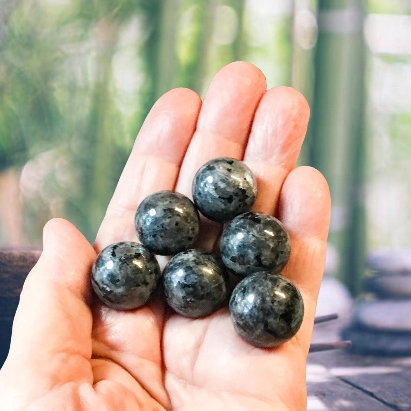 LARVIKITE 20mm Sphere - 1 or Sets – Pocket Crystal Ball with Gemstone Info Card for Energy Work, Meditation, Decor & Gifts for Crystal Lover