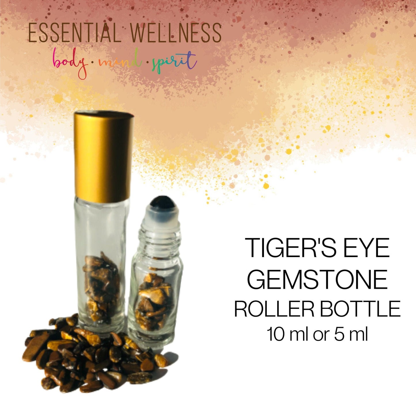 TIGER'S EYE Gemstone Crystal Roller Bottle 10 ml or 5 ml - Reiki Enhanced - Your Choice of Metal Cap Color