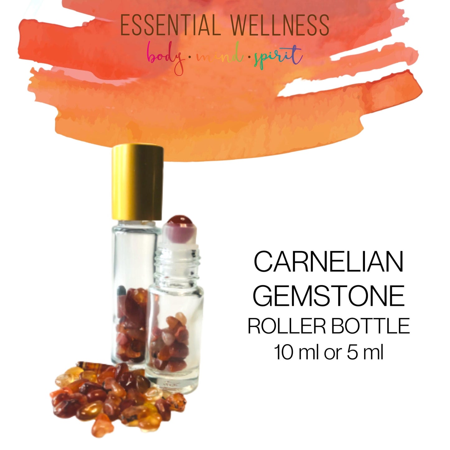 CARNELIAN Gemstone Crystal Roller Bottle 10 ml or 5 ml - Reiki Enhanced - Your Choice of Metal Cap Color