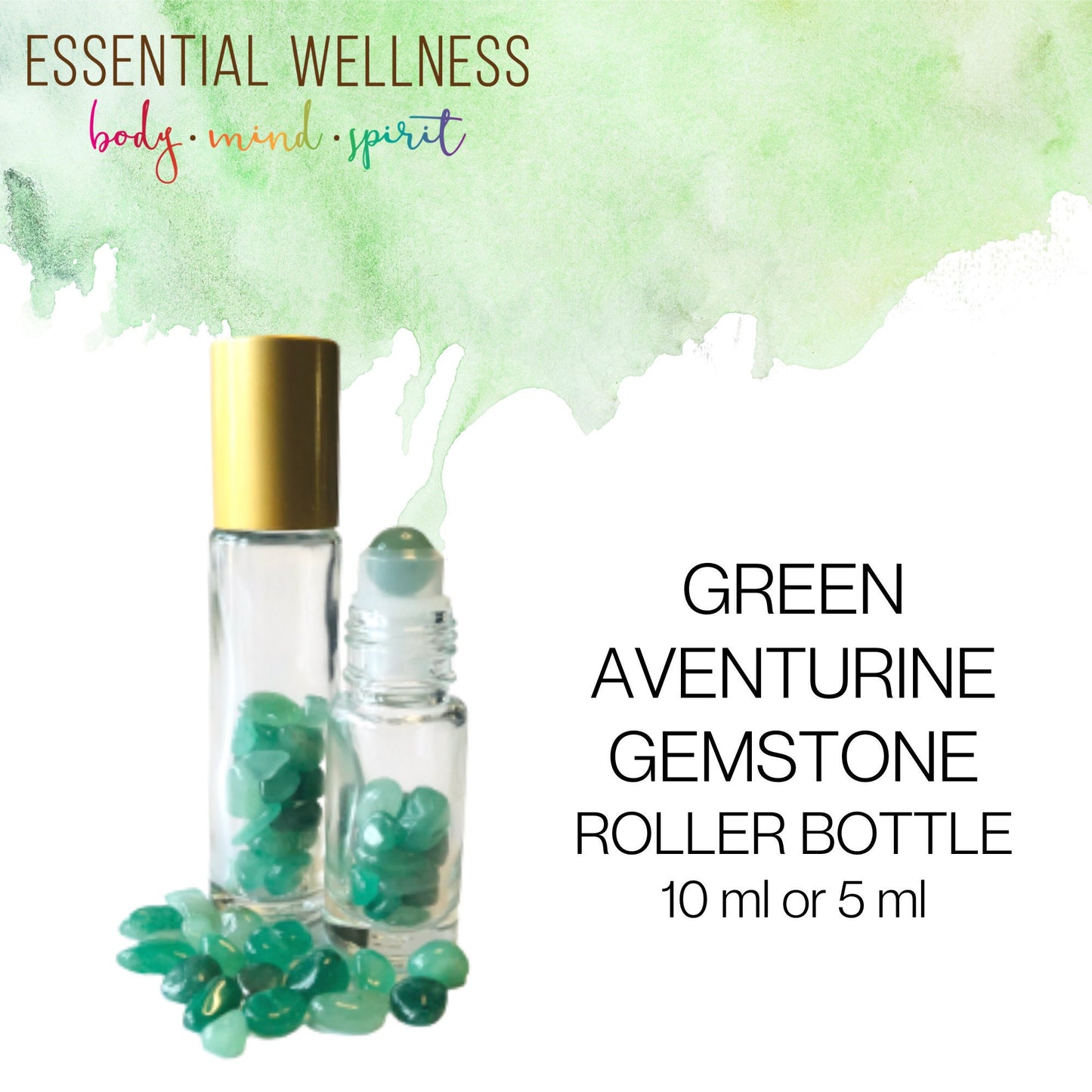 GREEN AVENTURINE Gemstone Crystal Roller Bottle 10 ml or 5 ml - Reiki Enhanced - Your Choice of Metal Cap Color
