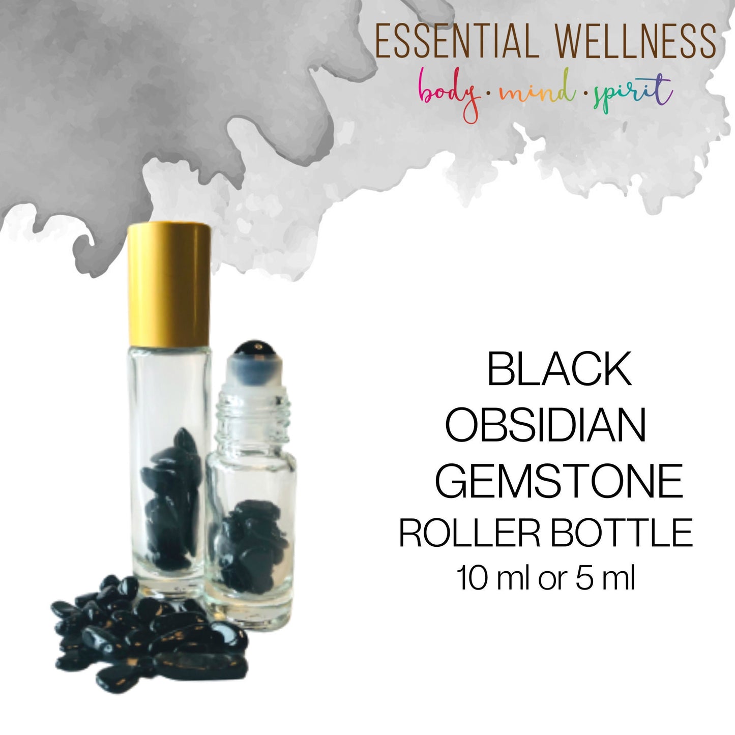 BLACK OBSIDIAN Gemstone Crystal Roller Bottle 10 ml or 5 ml - Reiki Enhanced - Your Choice of Metal Cap Color