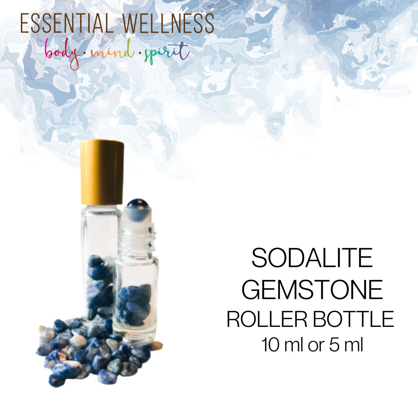SODALITE Gemstone Crystal Roller Bottle 10 ml or 5 ml - Reiki Enhanced - Your Choice of Metal Cap Color
