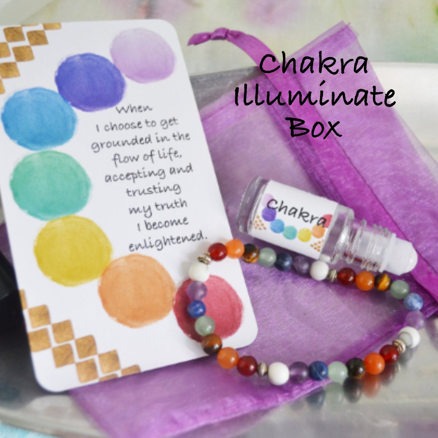 CHAKRA BALANCING Gemstone Bracelet, Essential Oil Blend Roller Bottle, Mantra Card & Meditation Set - Yoga Support