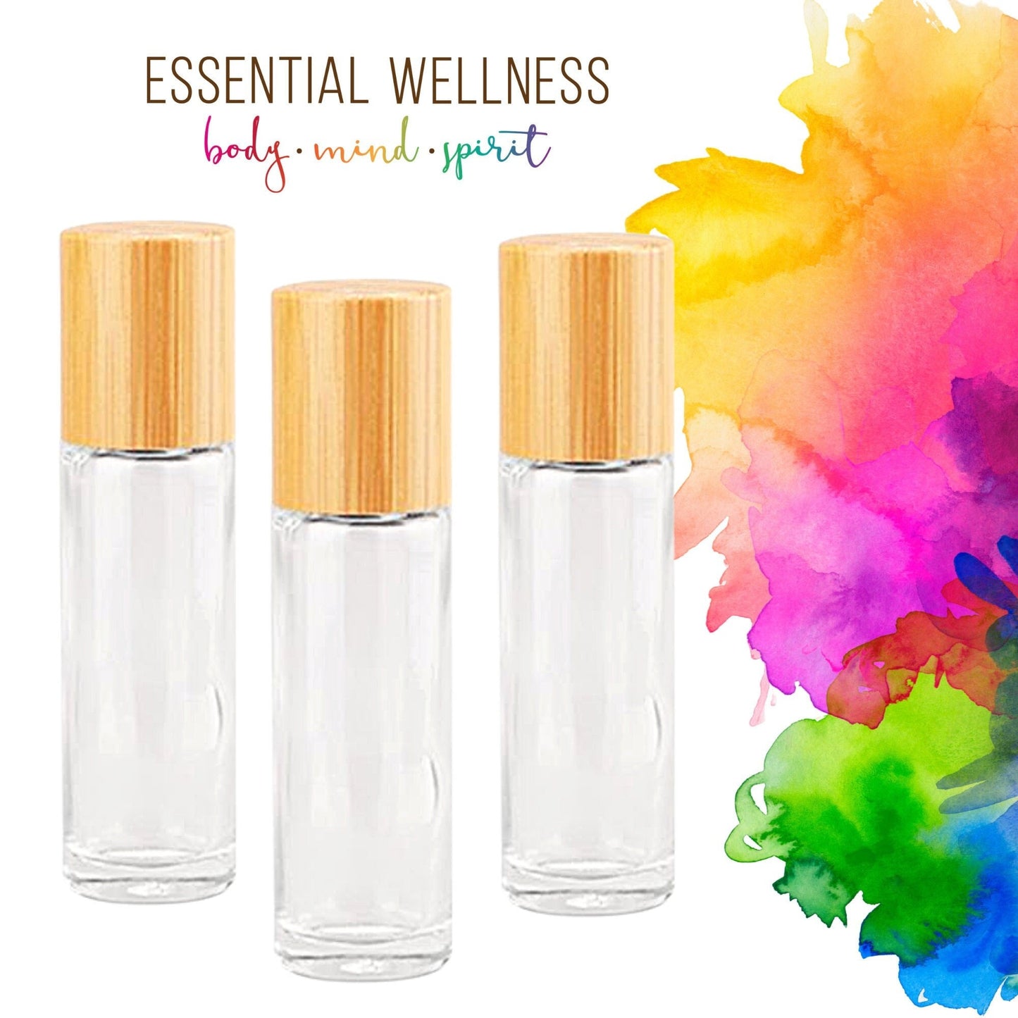 CLEAR GLASS Roller Bottles with Bamboo Cap - Single or Sets - 10 ml Roll On Bottle - Choice of Gemstone, Stainless or Glass Rollerball