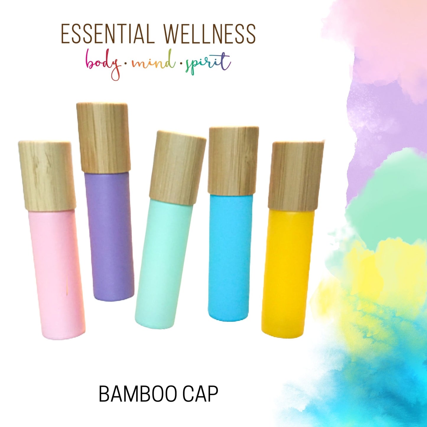 BRIGHT COLLECTION Roller Bottles with Bamboo Cap - Set of 5 - 10 ml Matte Glass Roll On - Choice of Gemstone, Stainless or Glass Rollerball