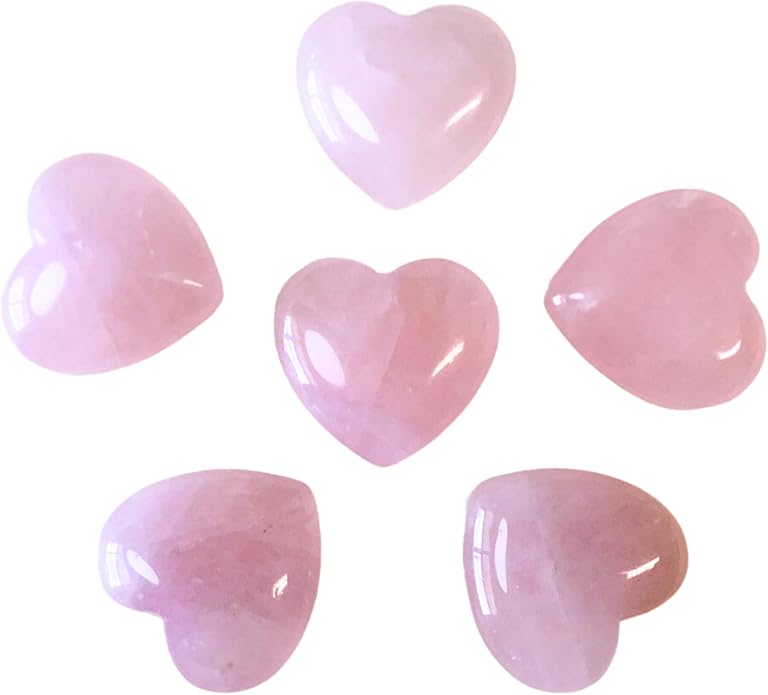 Rose Quartz 1 Inch Hearts, Set of 6 Heart Chakra Healing Crystals, High Energy Pocket Palm Stones with Info Card, Premium Drawstring Storage/Travel Bag & Display Case, Reiki Enhanced