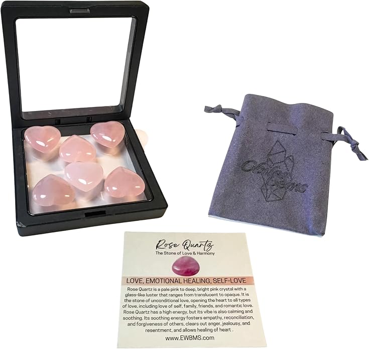 Rose Quartz 1 Inch Hearts, Set of 6 Heart Chakra Healing Crystals, High Energy Pocket Palm Stones with Info Card, Premium Drawstring Storage/Travel Bag & Display Case, Reiki Enhanced