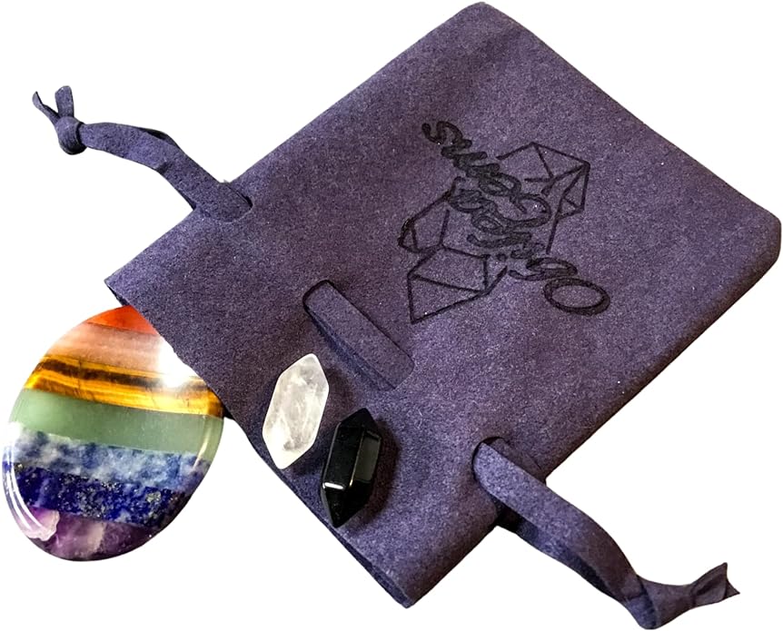 Anxiety & Stress Relief Worry Stone Set with Amplifying & Grounding Double Points, 7 Chakra Healing Crystal, Chakra Balancing and Meditation Stone with Premium Storage Bag, Reiki Enhanced