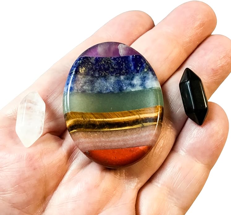 Anxiety & Stress Relief Worry Stone Set with Amplifying & Grounding Double Points, 7 Chakra Healing Crystal, Chakra Balancing and Meditation Stone with Premium Storage Bag, Reiki Enhanced