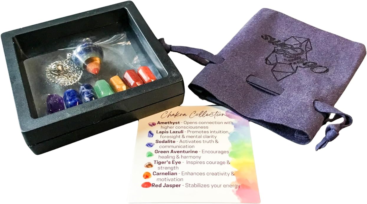 7 Chakra Pendulum & Double Points for Dowsing & Divination, Chakra Balancing Energy Healing Crystals with Info Card and Premium Storage Bag, Reiki Enhanced