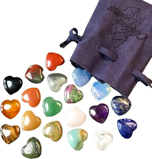 Heart Shaped Healing Crystals Set of 20 Unique GemstoneTypes HIgh Energy Chakra Balancing Palm Pocket Stones with Info Card, Premium Pouch and Display Frame, Reiki Enhanced