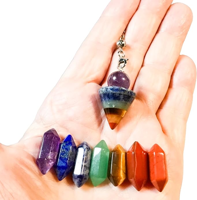 7 Chakra Pendulum & Double Points for Dowsing & Divination, Chakra Balancing Energy Healing Crystals with Info Card and Premium Storage Bag, Reiki Enhanced