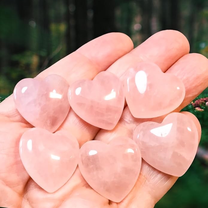 Rose Quartz 1 Inch Hearts, Set of 6 Heart Chakra Healing Crystals, High Energy Pocket Palm Stones with Info Card, Premium Drawstring Storage/Travel Bag & Display Case, Reiki Enhanced