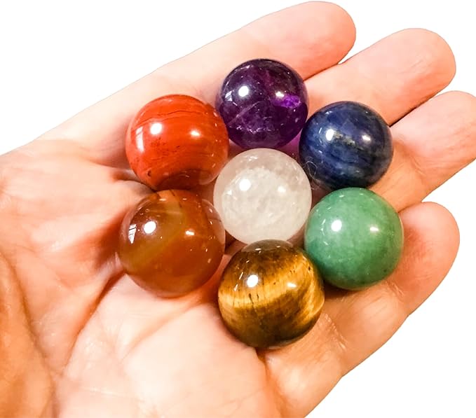 7 Chakra Gemstone Spheres 0.8 Inch (20mm) High Energy Palm Pocket Healing Crystal Ball Carvings with Premium Storage/Travel Bag & Information Card, Reiki Enhanced