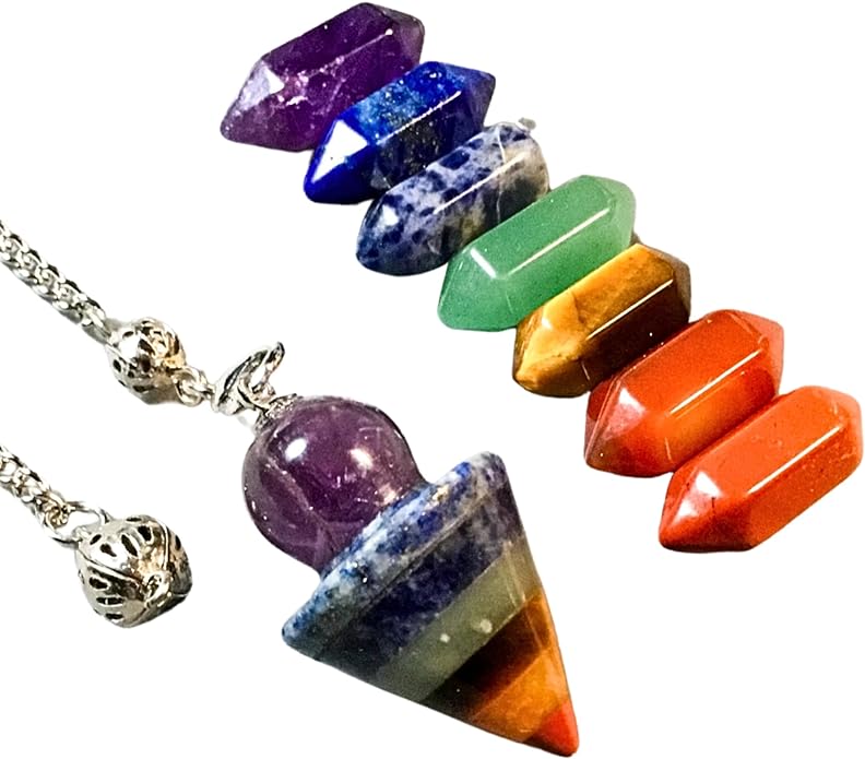 7 Chakra Pendulum & Double Points for Dowsing & Divination, Chakra Balancing Energy Healing Crystals with Info Card and Premium Storage Bag, Reiki Enhanced