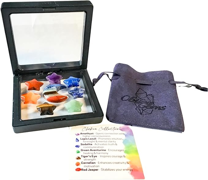 7 Chakra Balancing Moon and Stars High Energy Pocket Palm Healing Crystals Carvings with Premium Storage Bag & Info Card, Reiki Enhanced