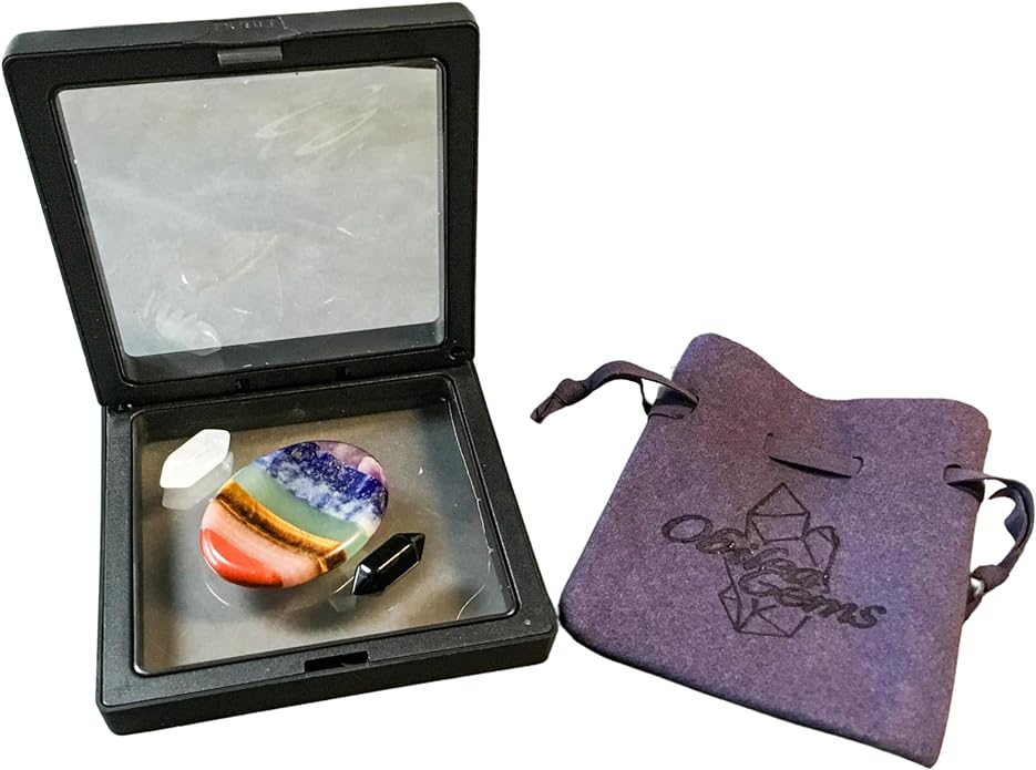 Anxiety & Stress Relief Worry Stone Set with Amplifying & Grounding Double Points, 7 Chakra Healing Crystal, Chakra Balancing and Meditation Stone with Premium Storage Bag, Reiki Enhanced