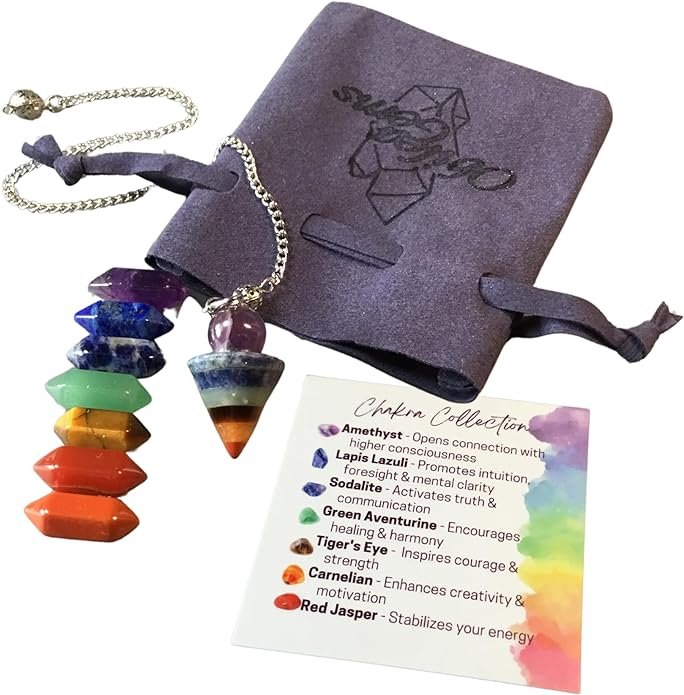 7 Chakra Pendulum & Double Points for Dowsing & Divination, Chakra Balancing Energy Healing Crystals with Info Card and Premium Storage Bag, Reiki Enhanced