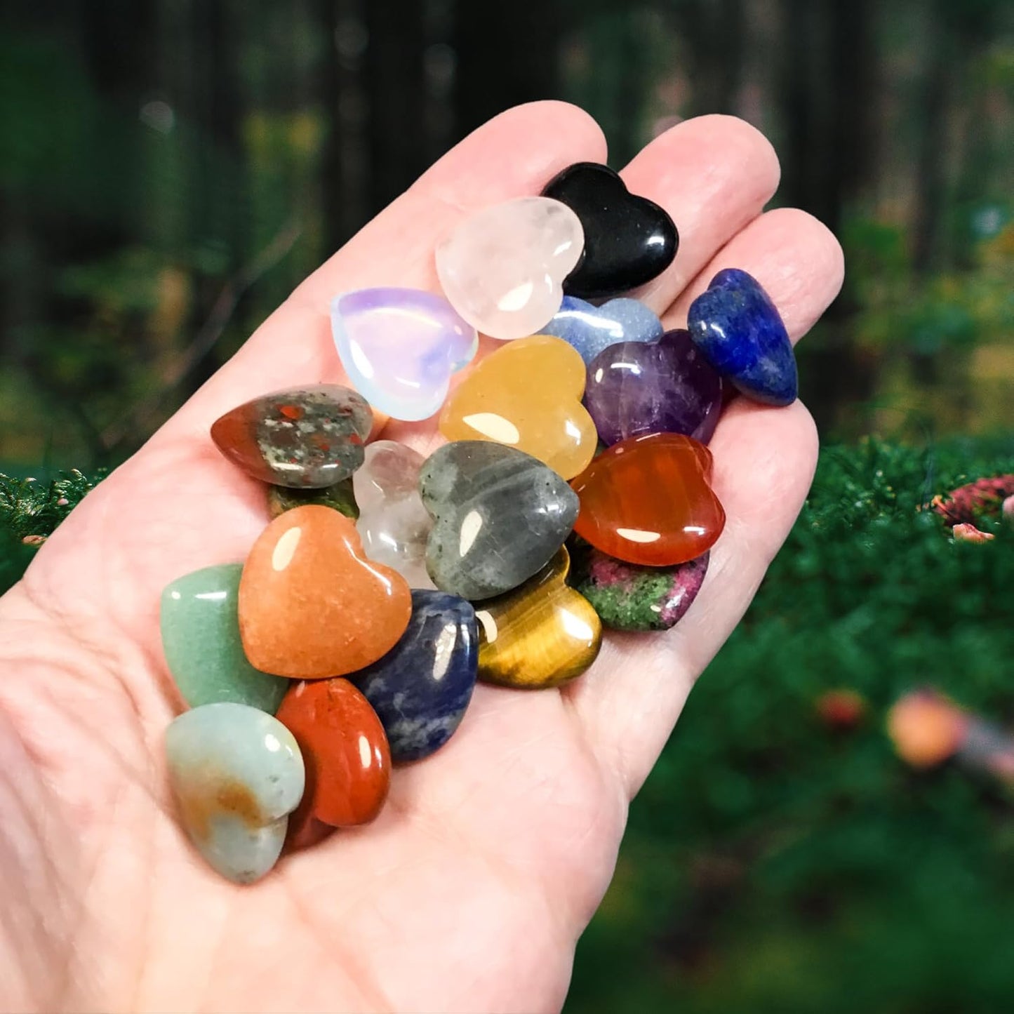 Heart Shaped Healing Crystals Set of 20 Unique GemstoneTypes HIgh Energy Chakra Balancing Palm Pocket Stones with Info Card, Premium Pouch and Display Frame, Reiki Enhanced